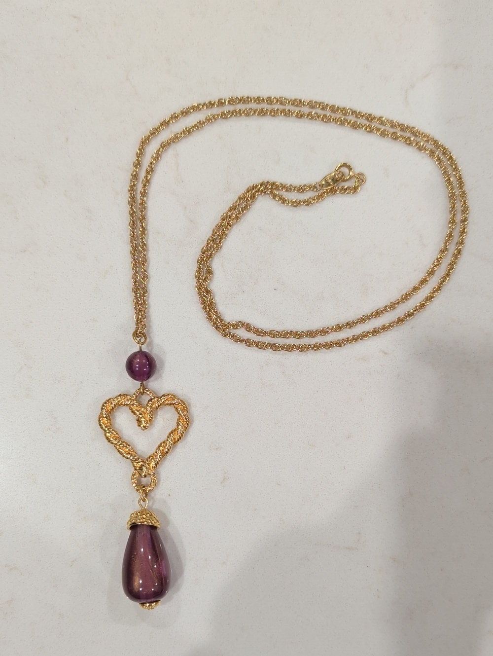 Gold Heart Pendant Necklace with Purple Bead Drop Accent